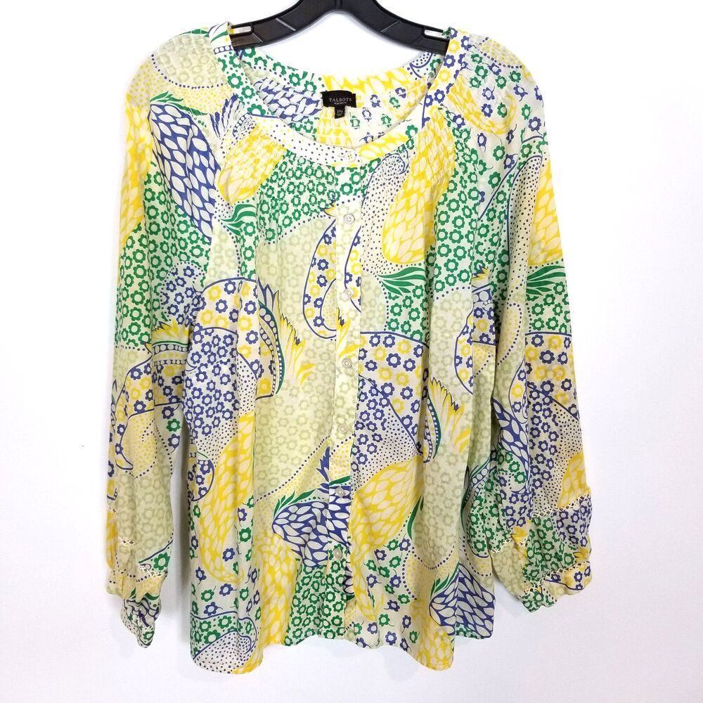 Talbots Women's Paisley Print Button Down Tunic Top Sz 2X Petite Boho‎ Artsy